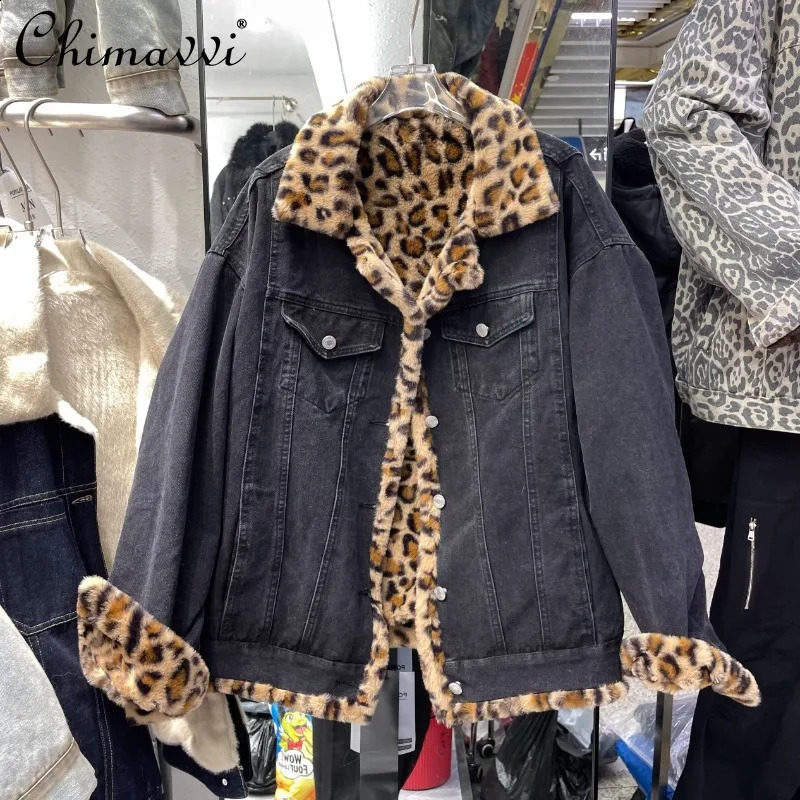 Winter Velvet Thickened Fur Integrated Plush Warm Jacket Leopard Print Lamb Wool Denim Cotton Clothes For Women 241223