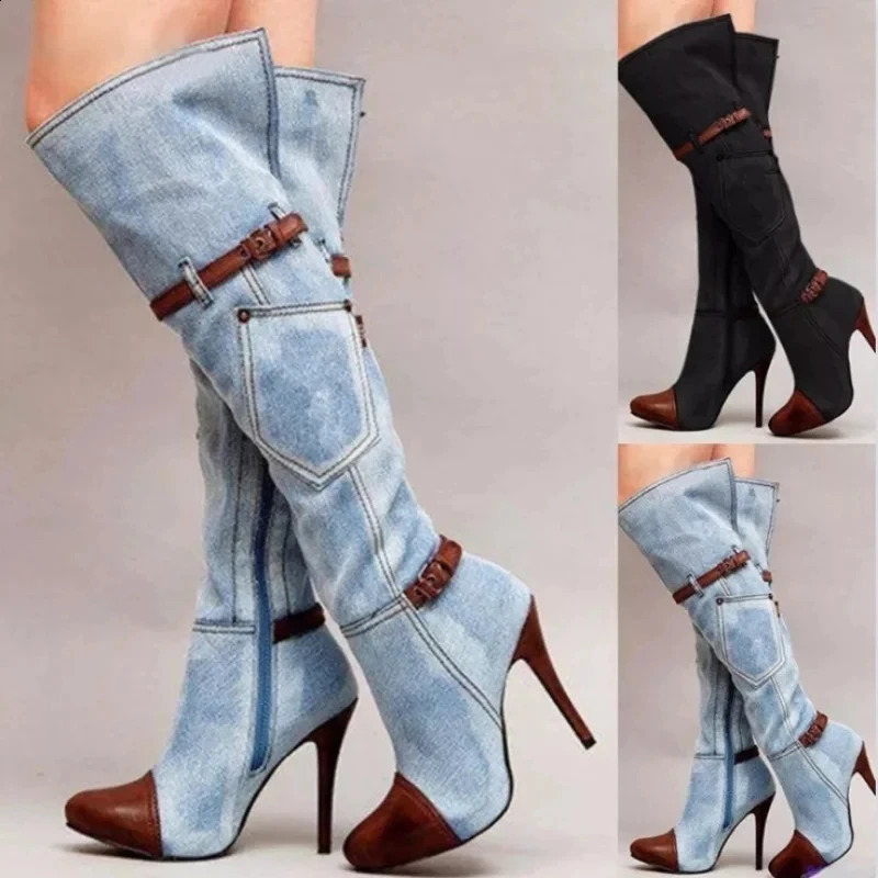 Botas Over The Knee Women Boots Autumn Winter Denim High Heels Ladies Shoes Sexy Buckle Strap Platform Long Boot Thigh High Boot 241224