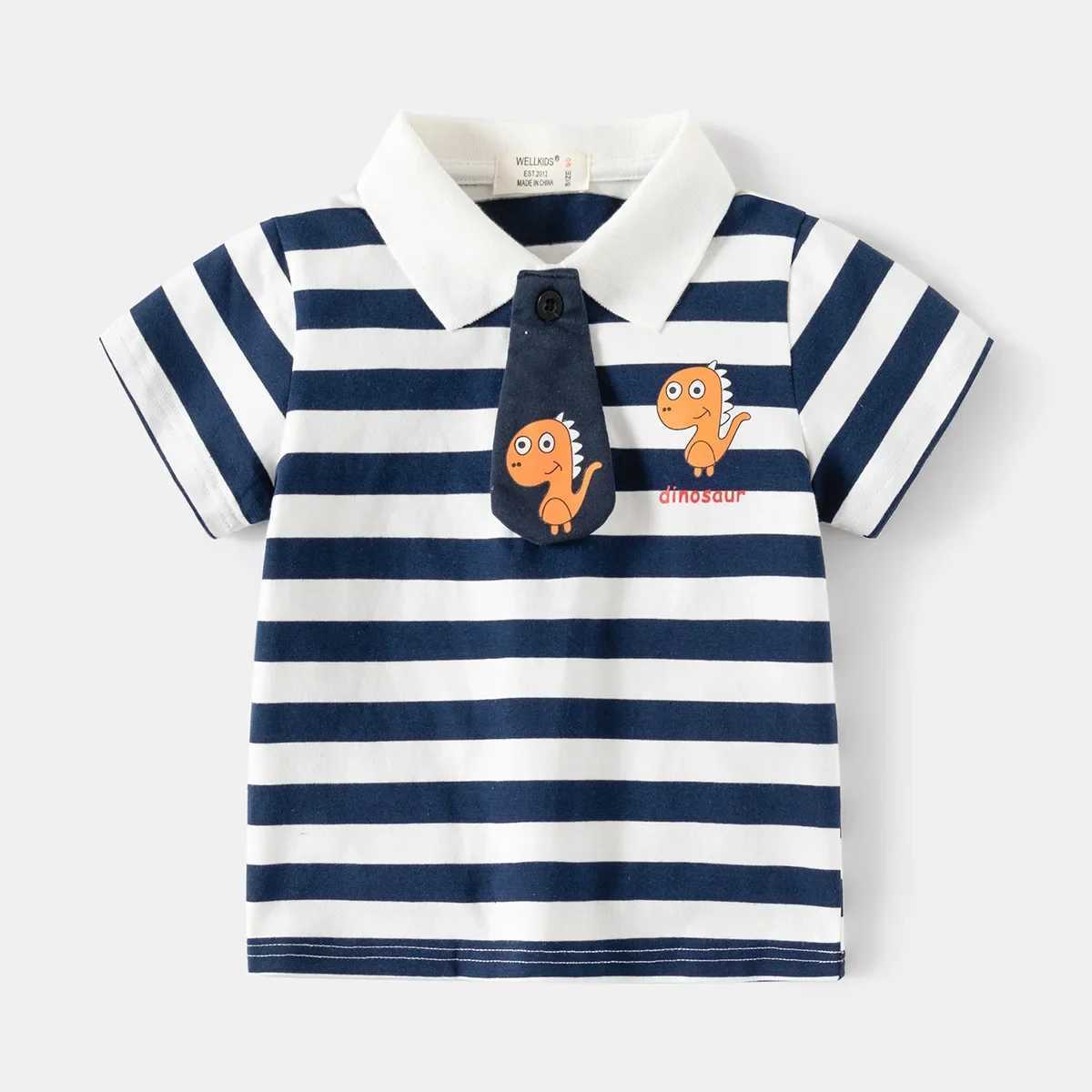 Short sleeved summer striped boy polo shirt dinosaur childrens top wearing childrens T-shirt soft boy shirt clothing 4-6Y W241223