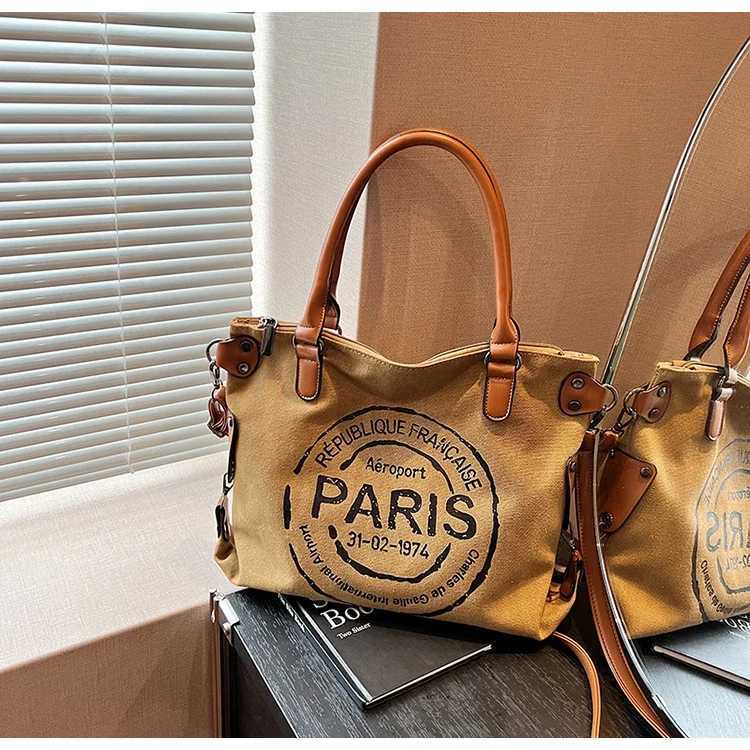 Large canvas handbag - Adjustable shoelaces vintage Paris stamp printing - Fashion cross body bag Y250217
