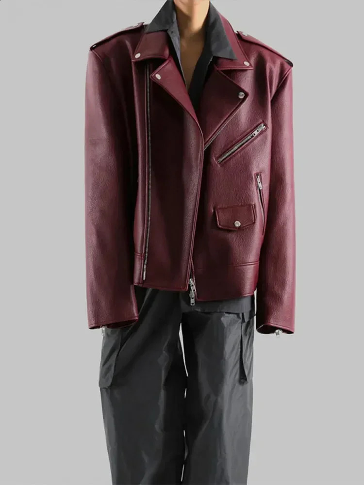 Women Burgundy Leather Double Zipper Motorcycle Jacket Fashion Loose Lapel Long Sleeve Pu Cropped Coats Autumn Female Streetwear 241220