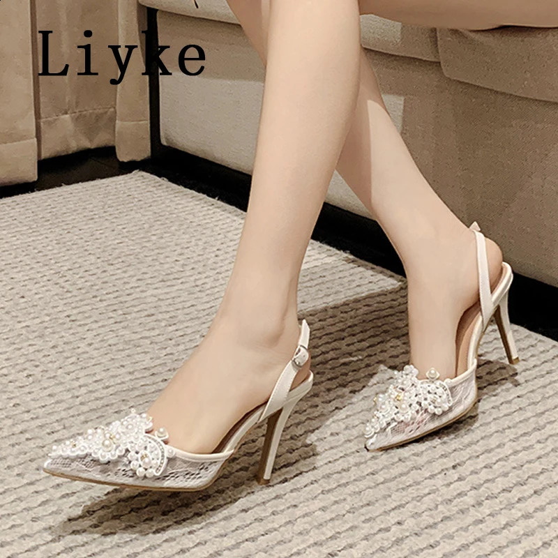 Liyke sexy back buckle strap womens pump fashionable crystal pearl mesh pointed toe suspender high-heeled sandals womens shoes 241223