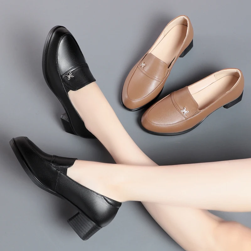 Women Shoes Large Size Spring Genuine Leather Women Dress Shoes Casual Round Toe British Style Mid Heel Ladies Shoes