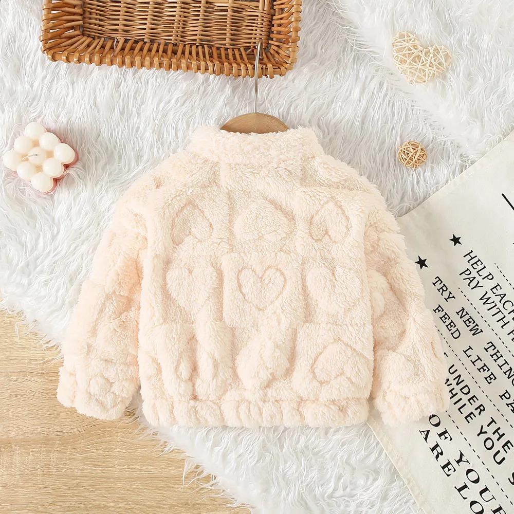 Baby Girl Princess Pink Fleece Jacket With Love Pattern Toddler Child Warm Coat Stand Collar Outwear Winter Baby Clothes 241223