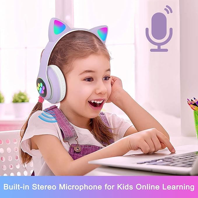 Bluetooth Headphones for Kids, Cute Ear LED Light Up Foldable Headphones Stereo Over Ear with Microphone/TF Card Wireless Headphone for iPhone/iPad