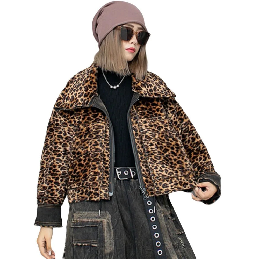 Personalized Trendy Denim Patchwork Leopard Print Double-sided Thick Jacket Women Winter LX2482 241223