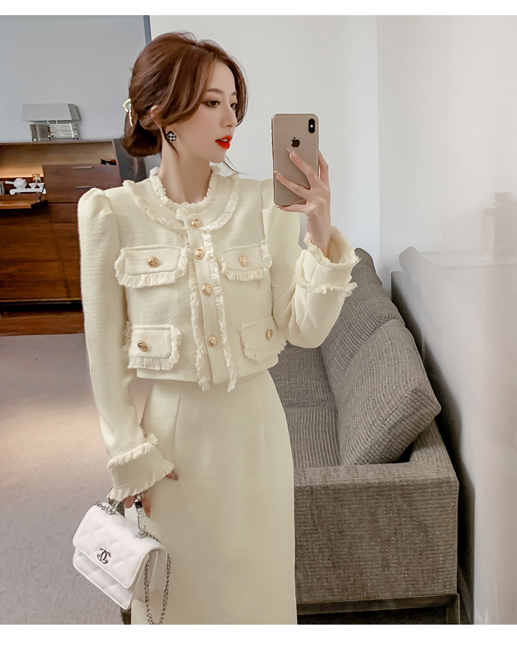 High Quality Female Elegant Suits New Fall Winter Tassel Tweed 2 Piece Set Women Outfits Crop Top+Bodycon Midi Skirt Suit