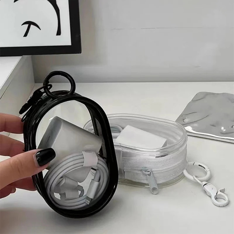 Portable Mini Clear Zipper Storage Bag SpaceSaving Organizer for Earphones Chargers Versatile with Handy Keychain Loop 241213