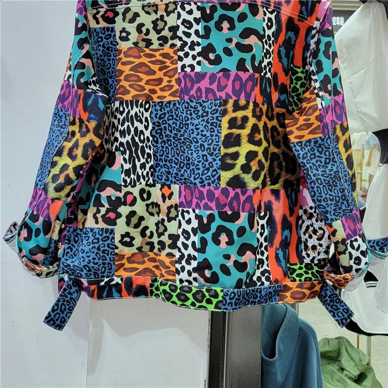 Heavy Work Rivet Beading Leopard Print Denim Jacket Women Short Cow Outerwear Loose Casual Long Sleeve Jeans Jackets Female 241223
