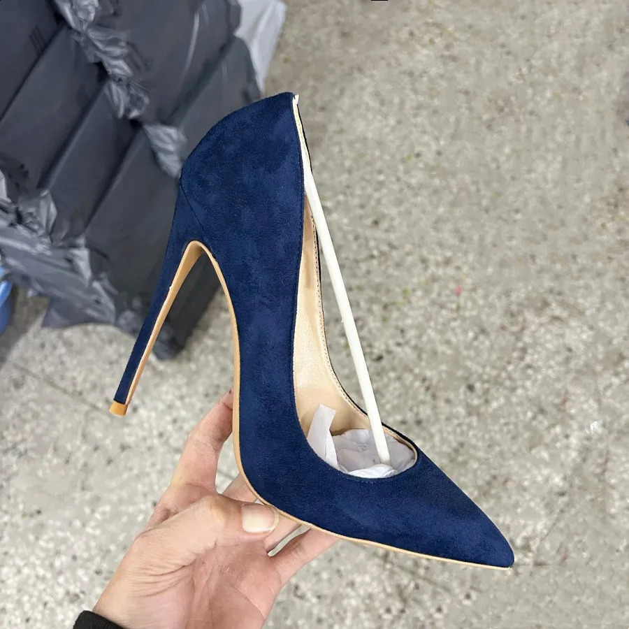 Navy Blue Womens Synthetic Suede High Heels with Lace Slip on OL Womens Stiletto Pump 8 10 12cm Fashion Wedding Shoes 241223