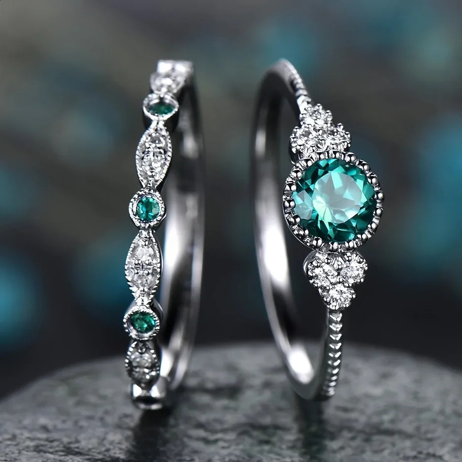 Huitan 925 Sterling Silver Rings Vintage Brilliant Blue/Green Double Stackable Set Rings Cocktail Party Ring For Women Jewelry