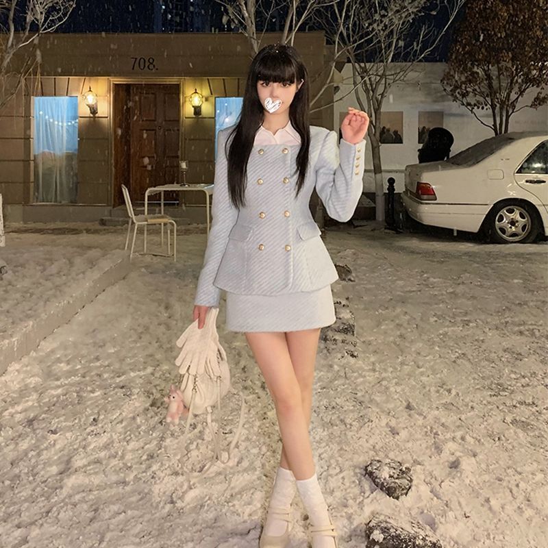 Autumn/Winter Socialite Sweet Girl Set Square Neck Slim Wool Coat Wrap Hip Short Skirt Two Piece Sets Women Outfits