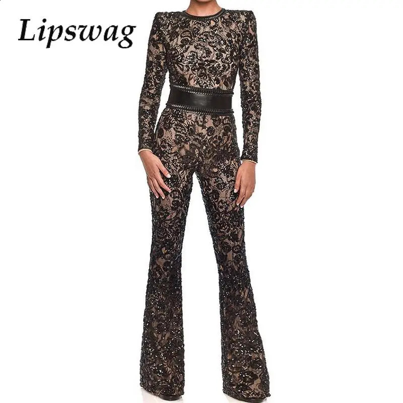 Elegant Retro Long Sleeve Lady Embroidery Jumpsuit Fashion Lace Long Romper For Women Autumn High Waist O- Neck Overall 241224