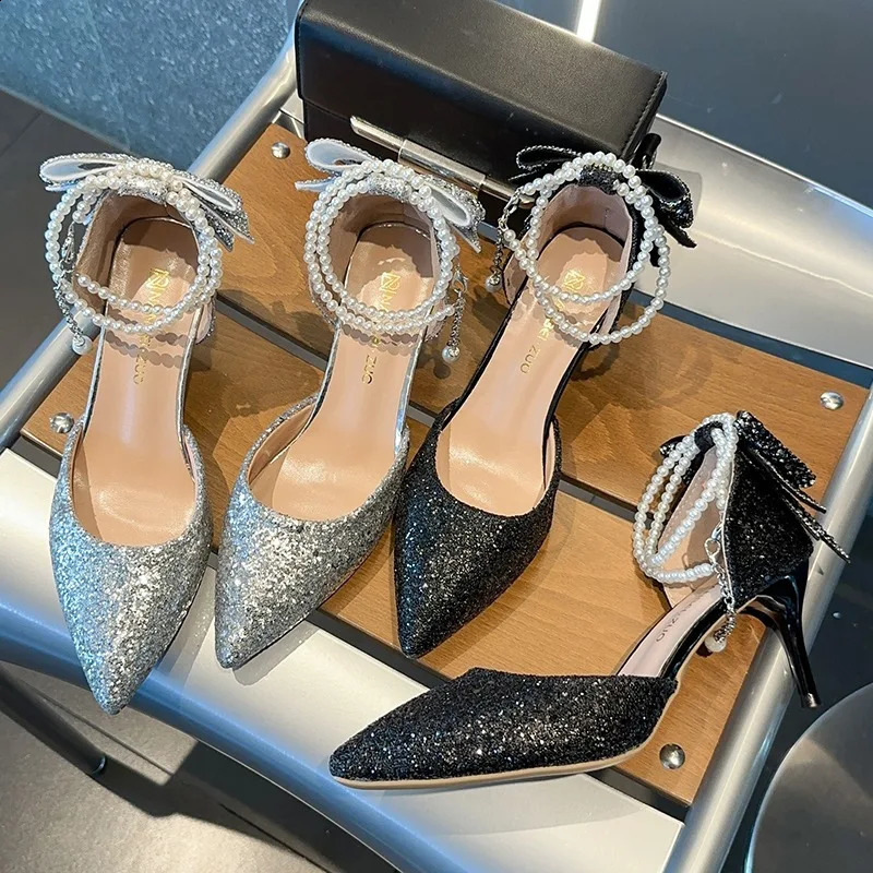 French pointy shallow mouth temperature elegant sequin bow high heels womens slim high heels pearl thread 241223