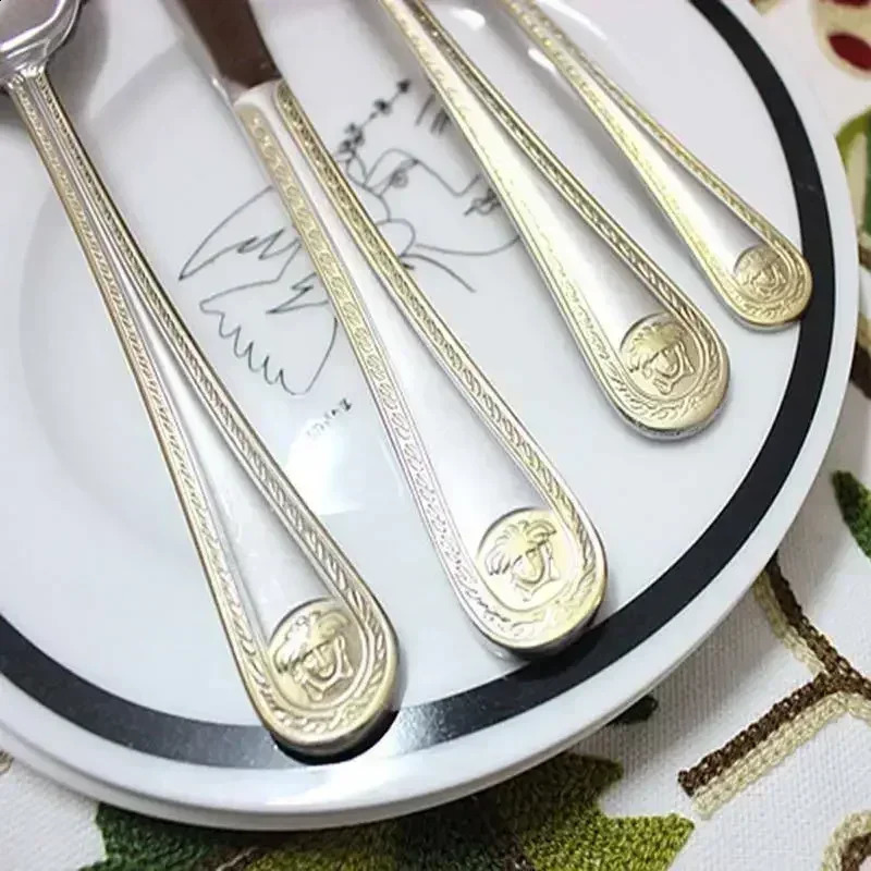 Vintage Western Gold Plated Tableware Fork Knife Set Gold Tableware Set Stainless Steel Carving Tableware Set 241223