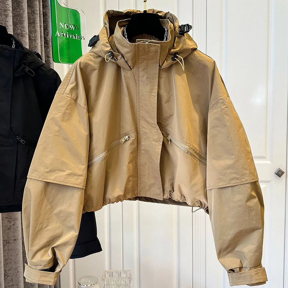 Autumn Quality Hooded Womens Bomber Jacket Casual Short Cargo Coat For Woman Zipper Pocket Khaki Baseball Female Outwear 241218