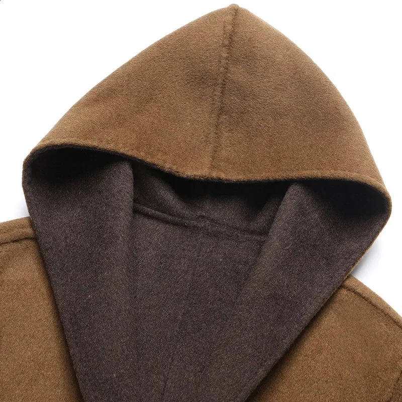2023 AutumnWinter Mens Large Pocket MediumLength Woolen Jacket Hooded DoubleSided Handmade Overcoat 241220
