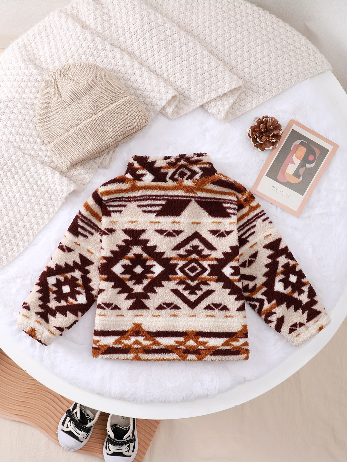 Autumn And Winter Male Baby Personality Stand Collar Long Sleeve Fur Coat Geometric Printed Zipper Opening To Match The Outside 241223