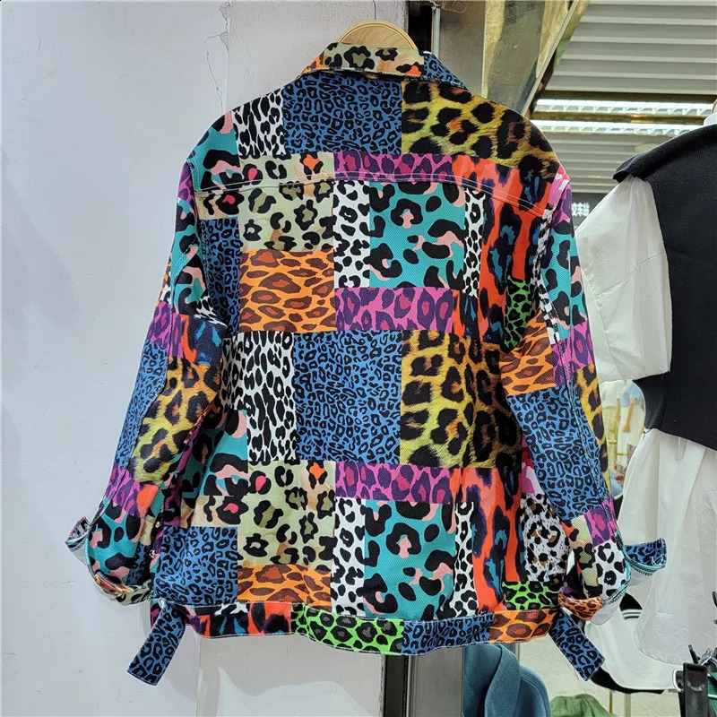 Heavy Work Rivet Beading Leopard Print Denim Jacket Women Short Cow Outerwear Loose Casual Long Sleeve Jeans Jackets Female 241223