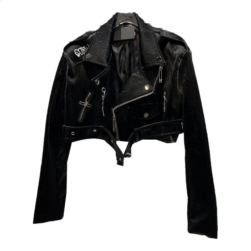 Autumn Locomotive Spice Girl Letter y Lychee Leather Glossy Black Jacket Womens PU 241218