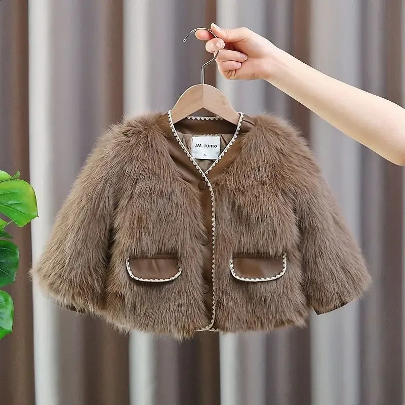 Baby Girls Coats Fashion Sweet Leather Fur Coat Autumn Childrens Thicken Keep Warm Coats 241223