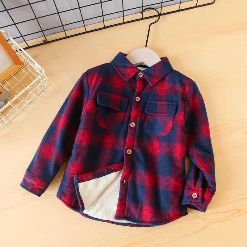 Boys wool checkered polo shirt baby thick warm long sleeved top pure cotton jacket fashionable Korean sled childrens clothing W241223