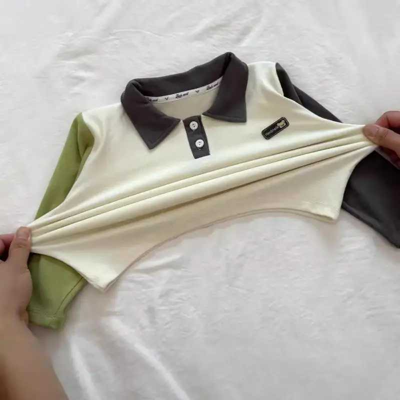 2-13y Childrens Polo Shirt Childrens Long Sleeve T-shirt Spring and Autumn Baby Boys and Girls Clothing Collar Patch Work School Top y12 W241223