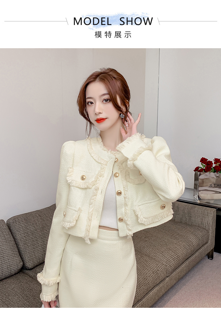 High Quality Female Elegant Suits New Fall Winter Tassel Tweed 2 Piece Set Women Outfits Crop Top+Bodycon Midi Skirt Suit