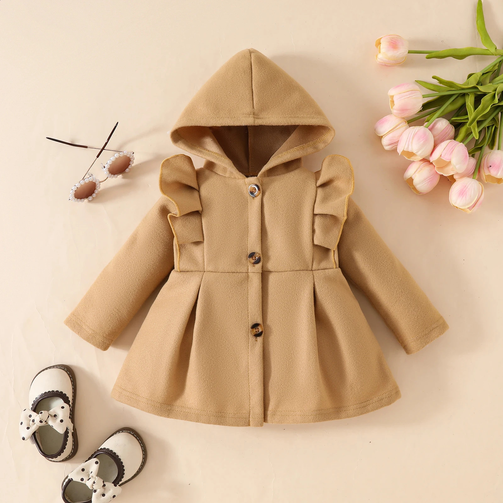 Solid hooded single-breasted coat for babies and girls in autumn and winter 241223