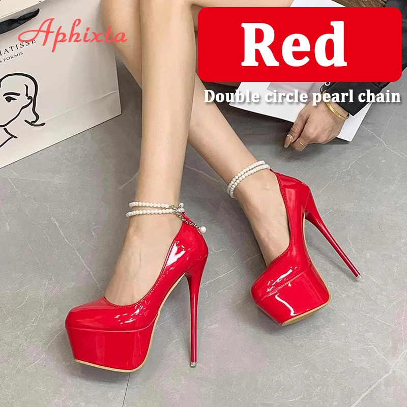 Aphixta Pearl Chain Party Disco Pump Womens 5.5cm Platform Belt Leather Buckle 16cm Ultra Thin High Heels Large Size 50 241223