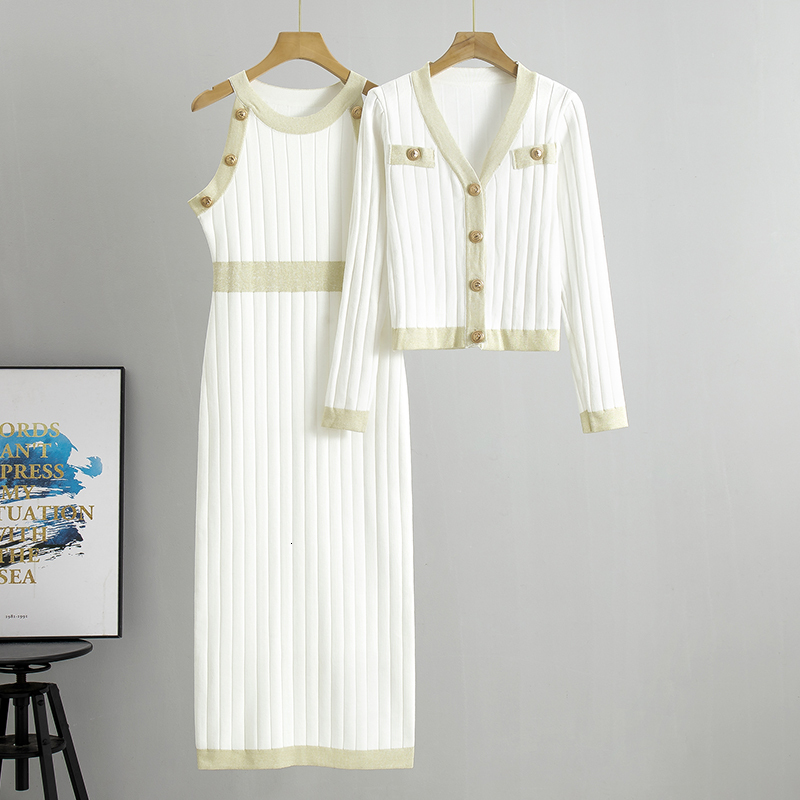 Elegant Womens 2023 Korean Fashion Knitted Cardigan Sleeveless Two-Piece Set New V-Neck Casual Dress Sets