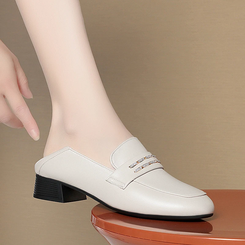 AIYUQI Women Shoes Genuine Leather Fall Square Head Thick Heel Women Loafers Shoes Large Size Fashion Ladies Peas Shoes