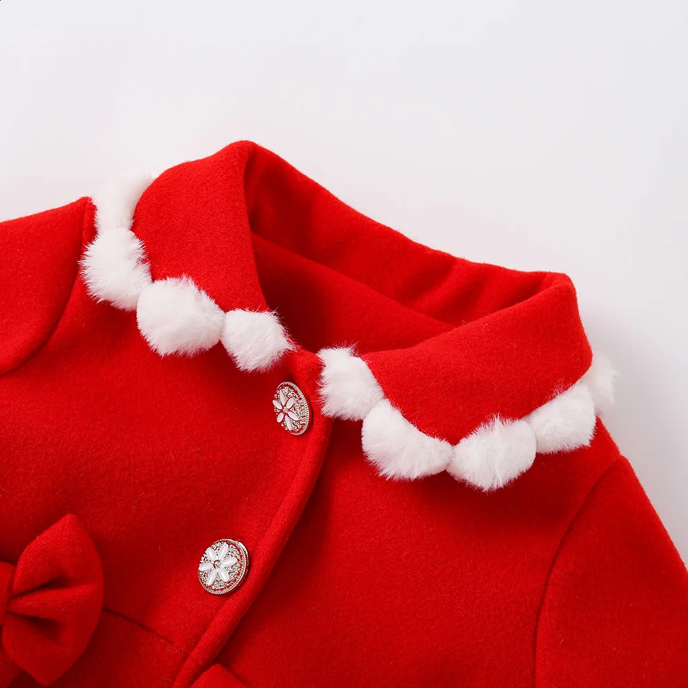 Autumn Winter Outfit For Baby Girl Plush Doll Collar Bow Red Woolen Coat Fashion Baby Coat 241223