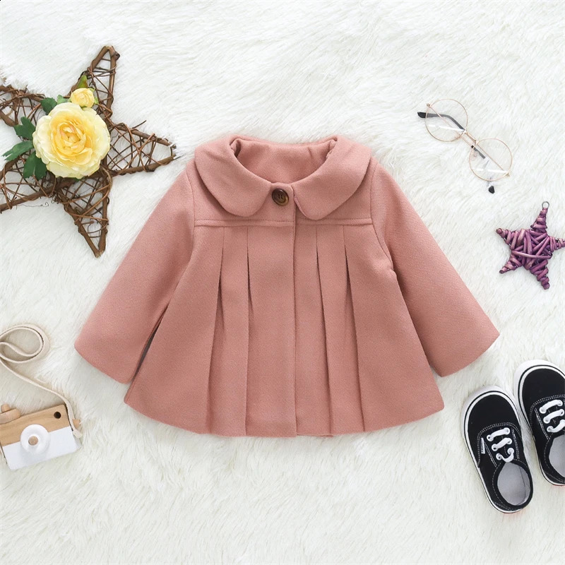 Baby Girls Woolen Jacket Coat Kids Winter Outerwear Clothes Children Spring Autumn Mid-length Windbreaker 241223
