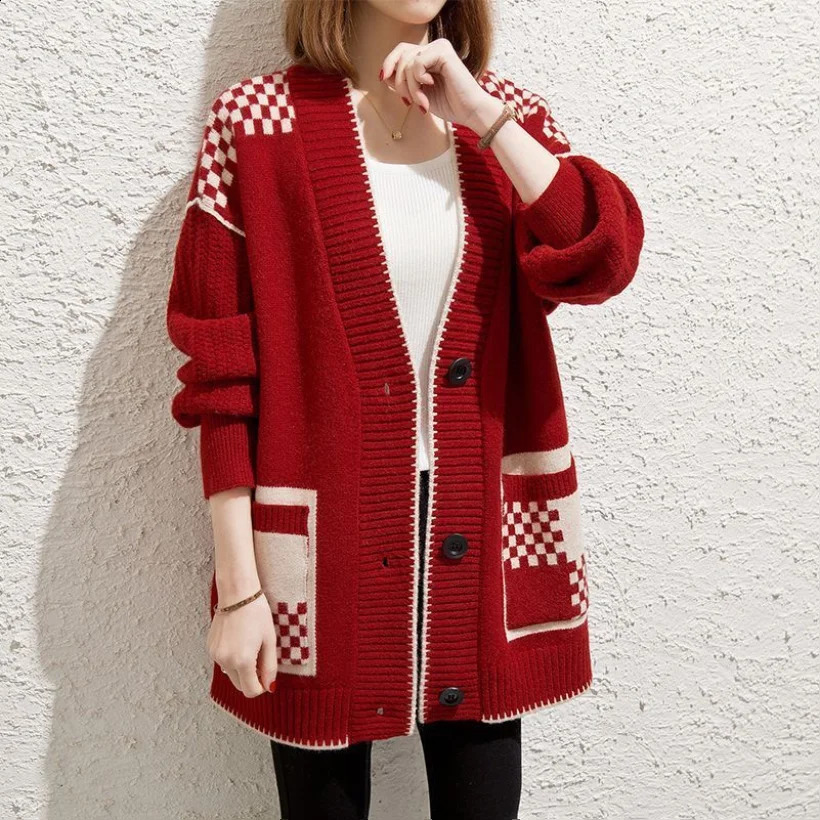 Sweater Womens Autumn and Winter Versatile Korean Version Loose Cardigan Knit Top for Outerwear with Trendy Temperament 241220