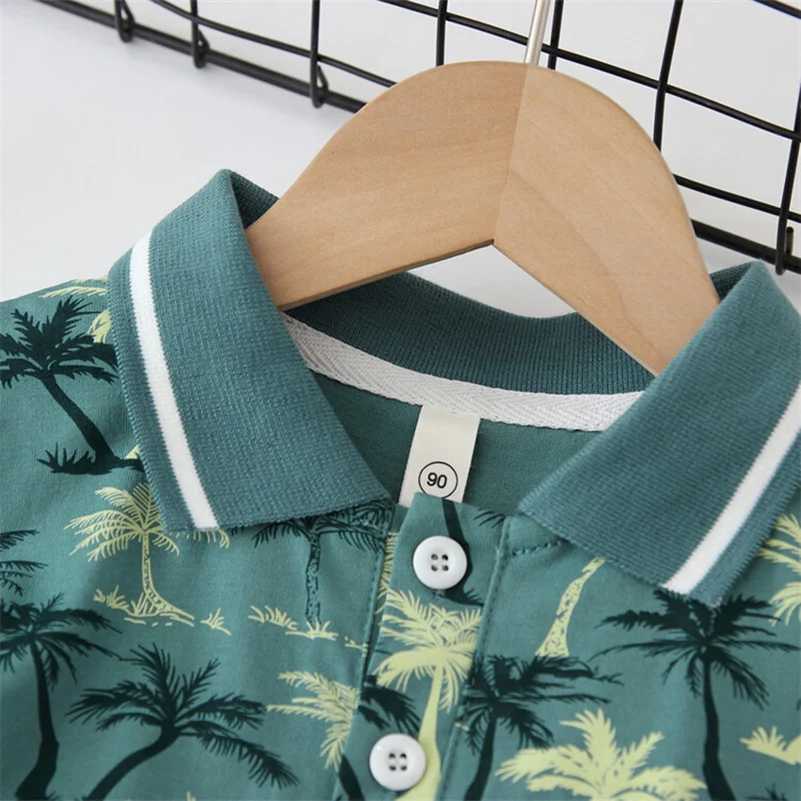 Summer Boys 2024 Korean Fashion Leisure Breathable Flip up Printed Coconut Tree/Polo Shirt/2-7 Years Old W241223