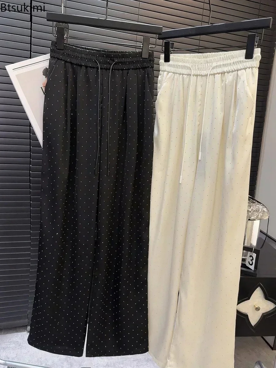 2025 High Quality Full Rhinestone Wide Leg Pants Fashion Drawstring High Waist Straight Pants Ladies Casual Trousers 241220