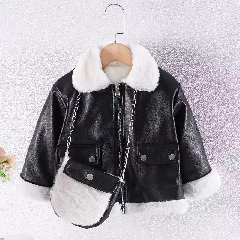 2-12 Years Autumn Winter Girls PU Leather Jacket Keep Warm Thicken Faux Fur In One Coat Thick Girls Outerwear Kids Clothes 241223