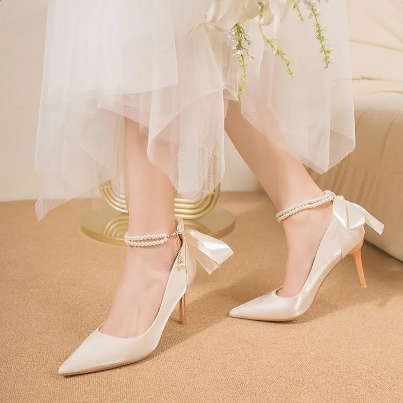 Size 34-40 fine high heels toe pearl buckle strap 9cm high heels womens bow satin fabric white wedding dress womens pump 241223