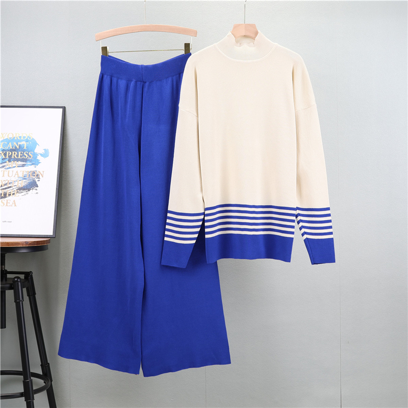 Women Pullovers Pant Set Casual Elastic Sweater Suits Color Contrast Knitted Loose Elegance Long Sleeve Tops Autumn Winter