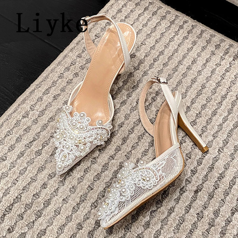 Liyke sexy back buckle strap womens pump fashionable crystal pearl mesh pointed toe suspender high-heeled sandals womens shoes 241223