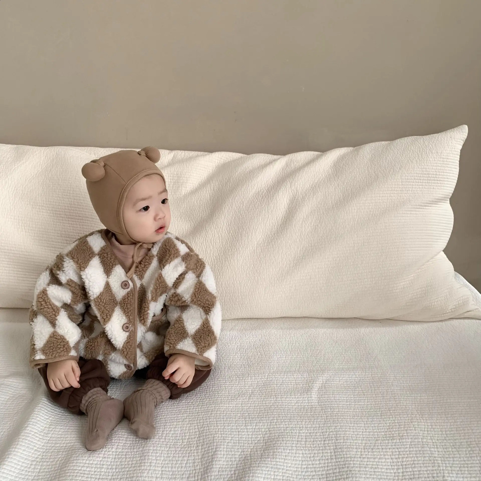 2025 Winter Baby Plus Velvet Thick Plush Coat Infant Toddler Long Sleeve Plaid Clothes Boy Girls Fleece Warm Cardigan Jacket 241223