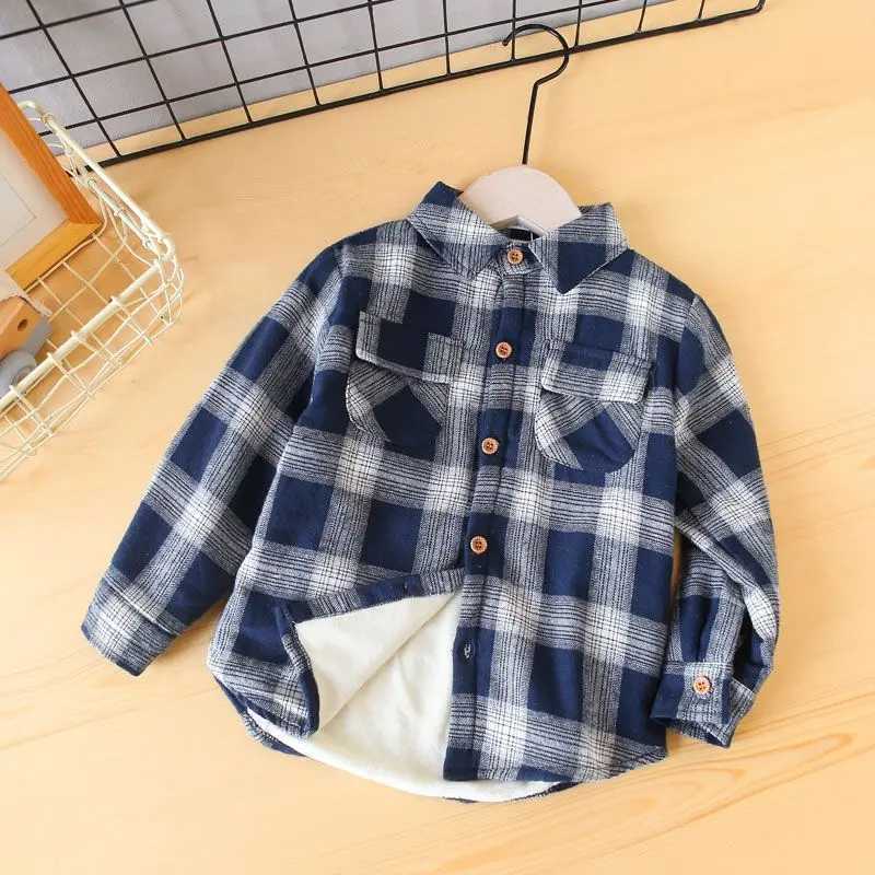 Boys wool checkered polo shirt baby thick warm long sleeved top pure cotton jacket fashionable Korean sled childrens clothing W241223