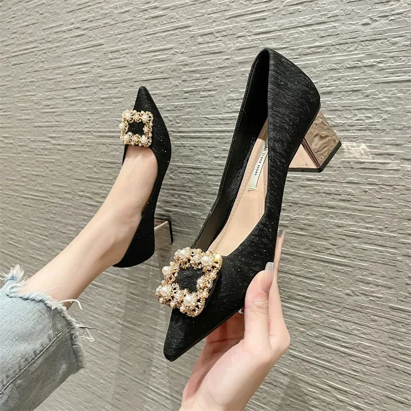 High Heels Shoes Women Spring Korean Edition Pearl Rhinestone Pointed Toe Womens Shoes Chunky Heels Pumps Zapatillas Mujer 241223