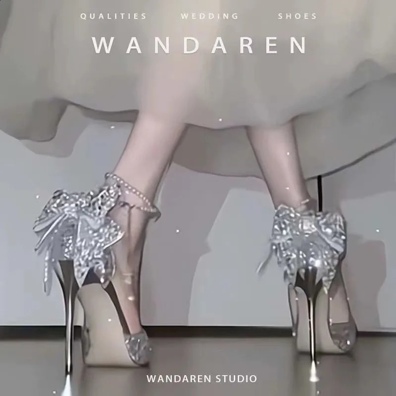 French pointy shallow mouth temperature elegant sequin bow high heels womens slim high heels pearl thread 241223