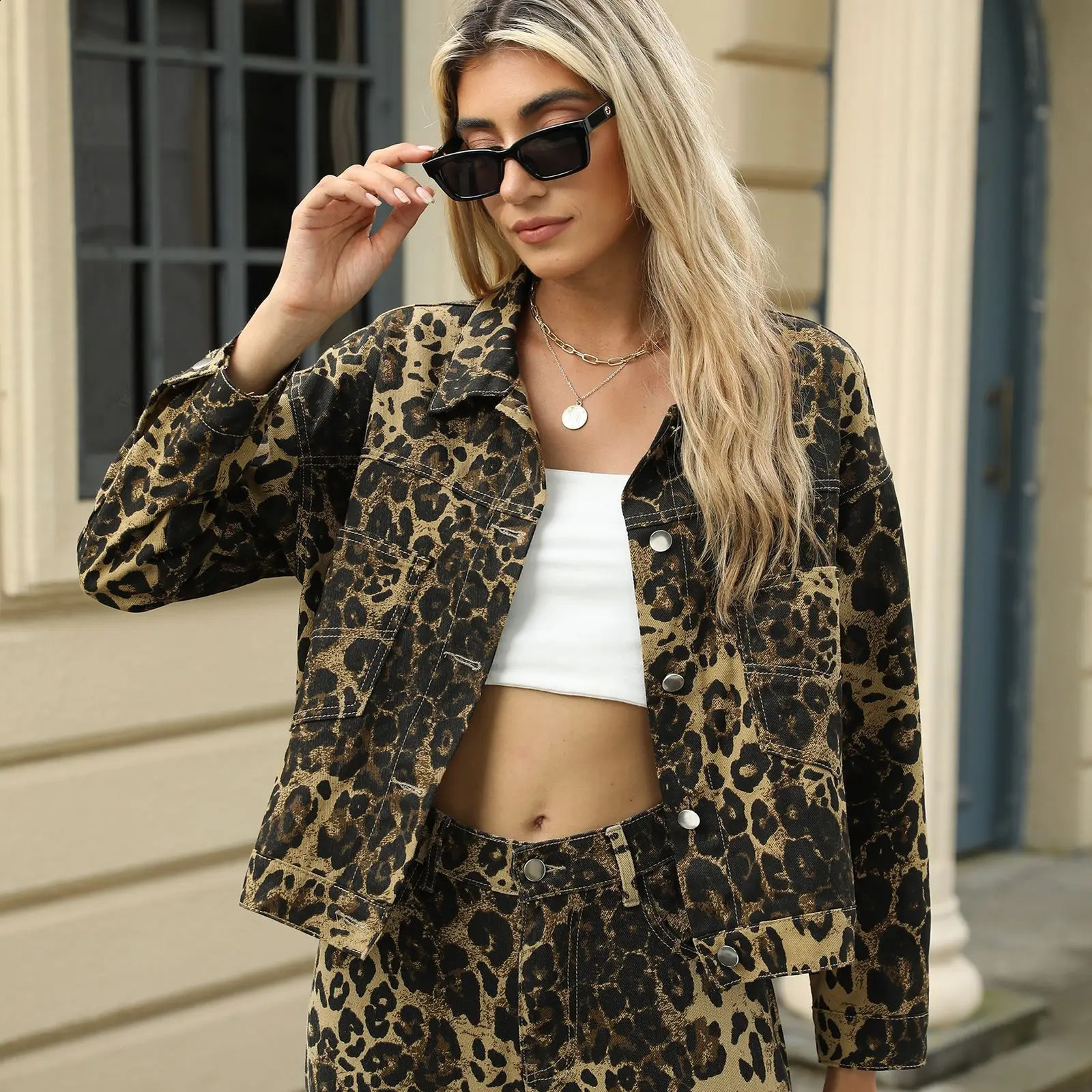 2025 Autumn Fashion Leopard Print Denim Jean Jacket for Women Coat 241223