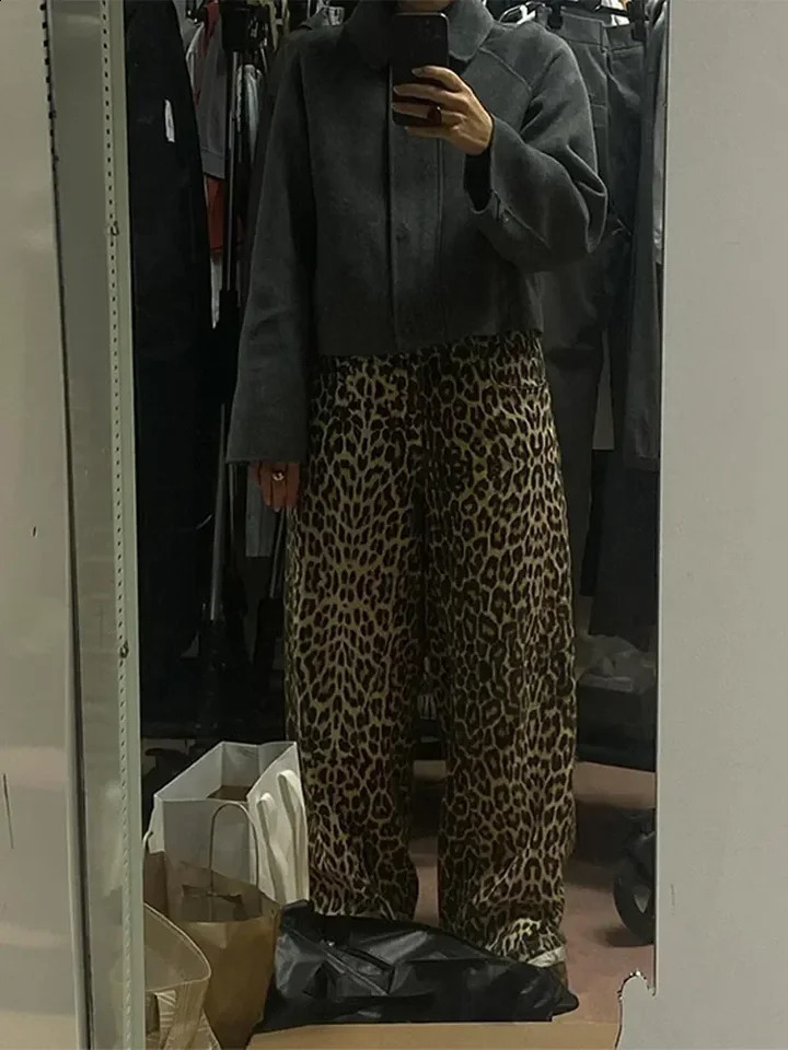 Women Causal Leopard Print Y2k High Waist Pants Baggy Wide Leg Pants Autumn Winter Fashion Vintage Straight Streetwear 241220