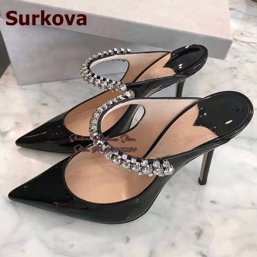 Surkova Red Black Patent Leather High Heel Modern Slippers Glittering Sier Crystal Strap Wedding Shoes Shallow Slip-on Pumps