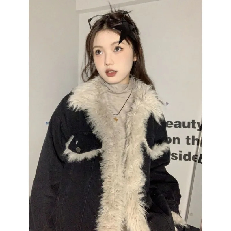 American retro fur collar black open collar denim jacket for womens autumn and winter plush thick fashion street casual jacket 241219
