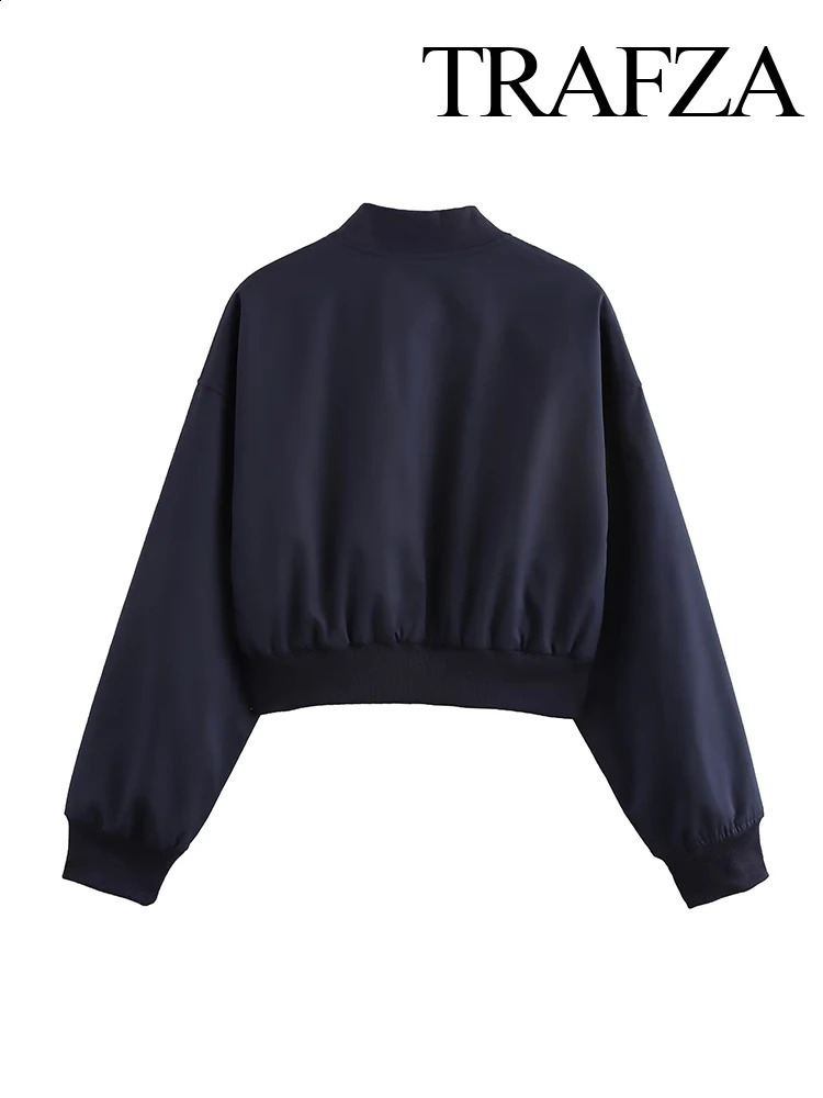 TRAFZA Womens Fashion Versatile Baseball Uniform Short Shoulder Jacket Female Front Zipper Pocket Long Sleeve Cropped Coat 241218